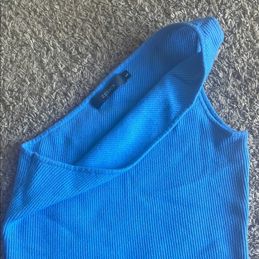 One-Shoulder Blue Ribbed Top - Picture 2 of 2